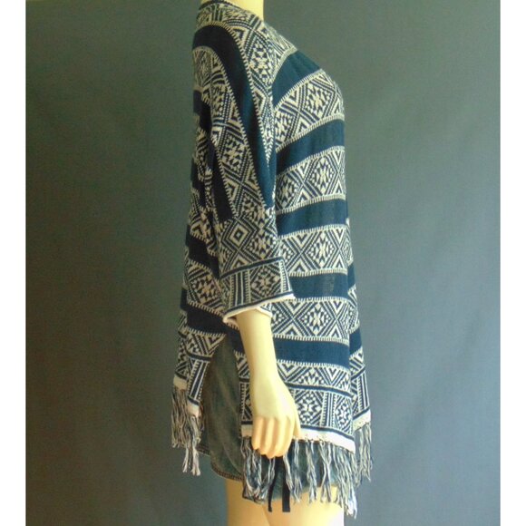 Velvet by Graham & Spencer Navy White Cotton Linen Fringed Open Kimono Jacket M - Picture 6 of 9